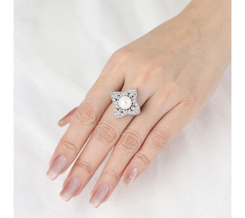 Dallas Prince Sterling Chrome Marcasite Cultured Pearl Ring — View 4
