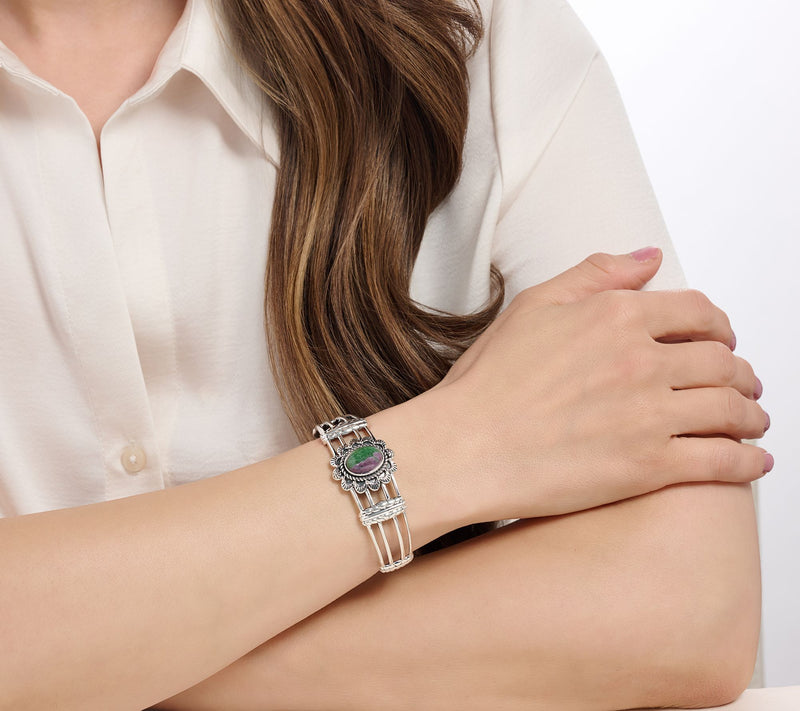 American West Sterling Silver Oval Gemstone Scallop Cuff — View 7