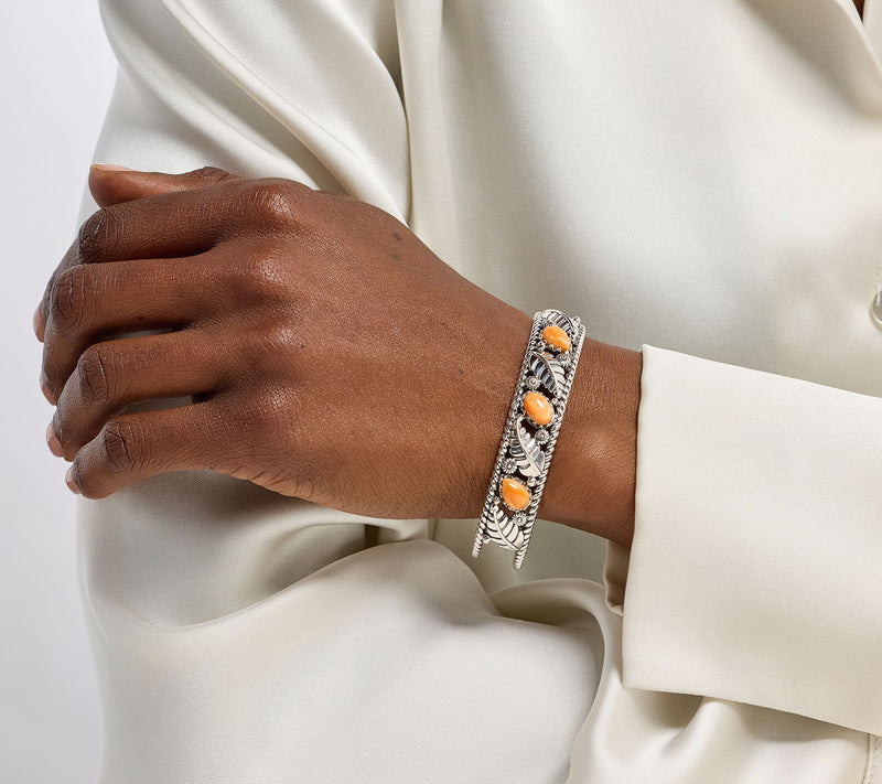 American West Sterling Silver Oval & Pear Gemstone Leaf Cuff — View 11
