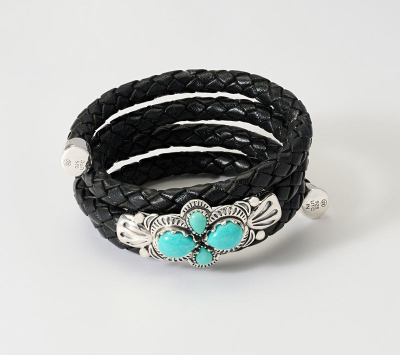American West Sterling Silver Pear Gemstone Cluster Leather Coil Bracelet — Main view