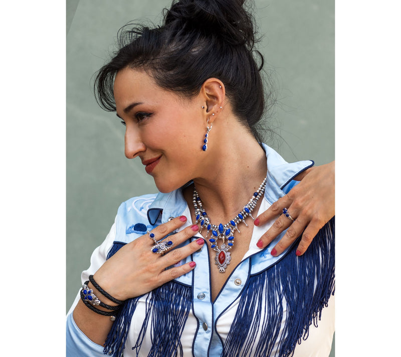 American West Sterling Silver Gemtstone Squash Blossom Necklace — View 6