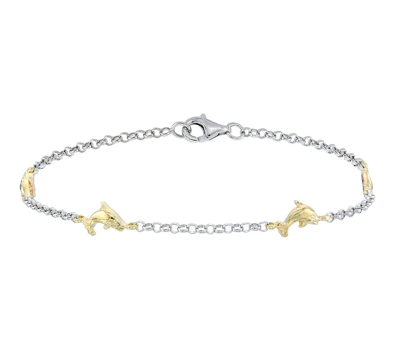 Silver Style Two-Tone Rolo Chain Dolphin Bracelet, Sterling — Main view