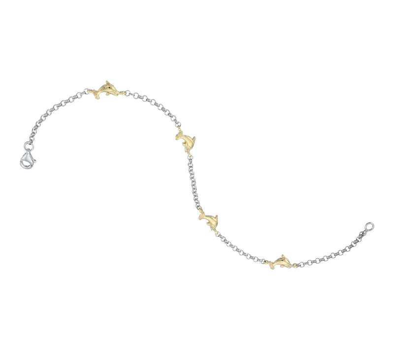 Silver Style Two-Tone Rolo Chain Dolphin Bracelet, Sterling — View 3