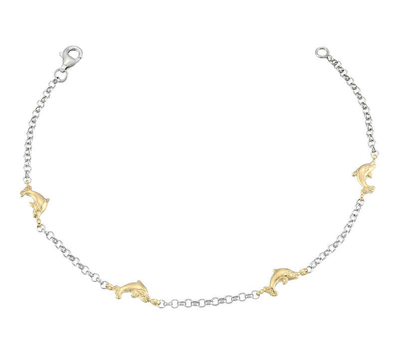 Silver Style Two-Tone Rolo Chain Dolphin Bracelet, Sterling — View 2