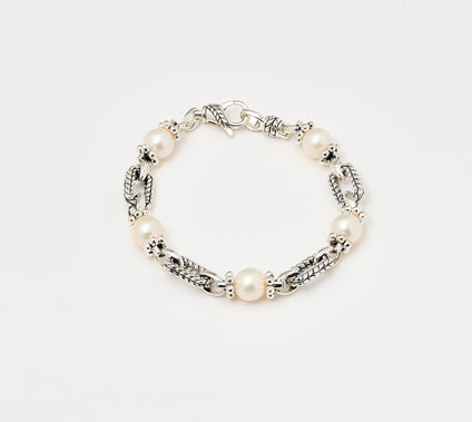 JAI Sterling Silver Cultured Pearl Link Station Bracelet, 16g