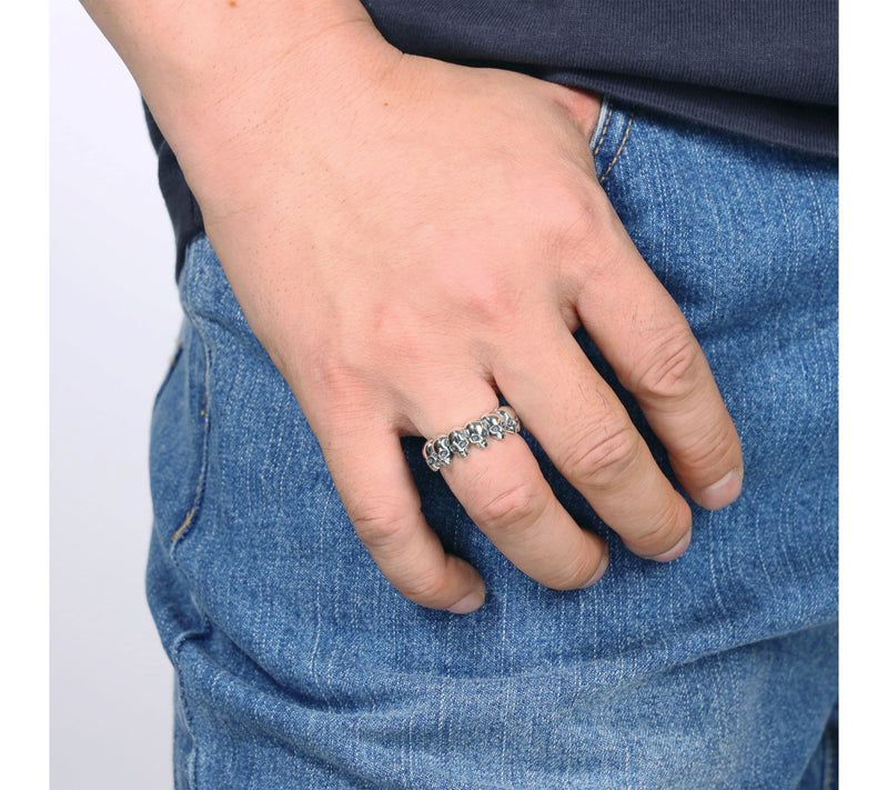 LYNX Men's Sterling Silver Skull Station Band Ring — View 5