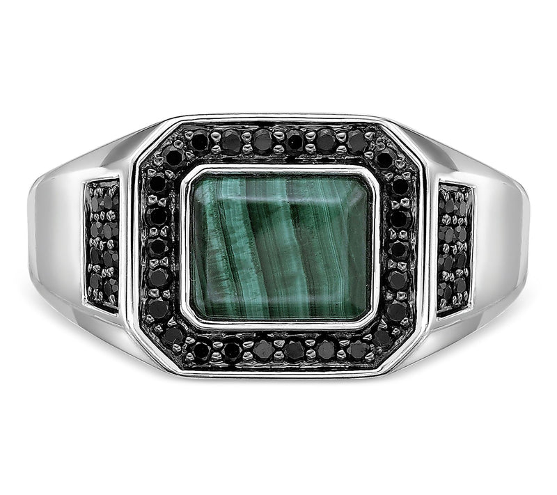 LYMX Men's Sterling Silver Malachite & Black Diamond Ring — View 2