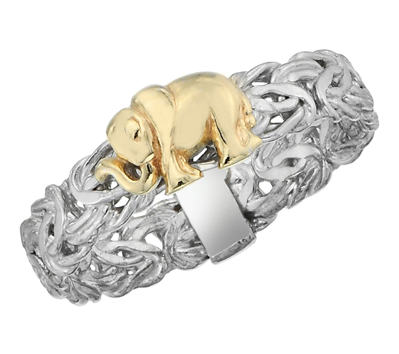 Silver Style Two Tone Elephant Design Byzantine  Ring, Sterlin — View 2