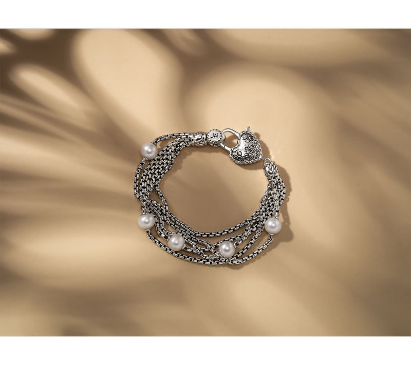 JAI Sterling Silver Multi Row Box Chain & Pearl Bracelet, 27g — View 4