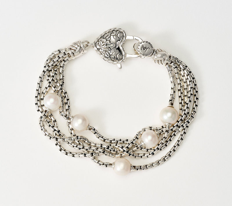 JAI Sterling Silver Multi Row Box Chain & Pearl Bracelet, 27g — Main view