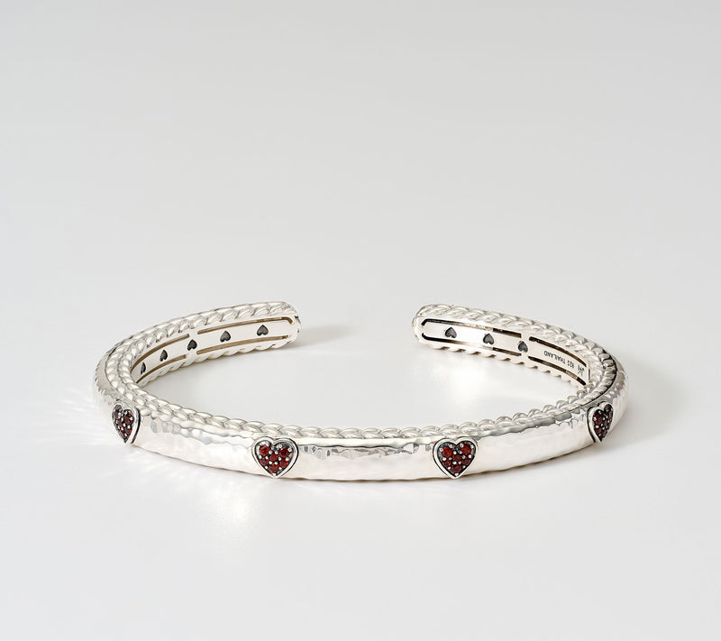 JAI Sterling Silver Pave Gemstone Heart Hammered Cuff, 26.5g — Main view