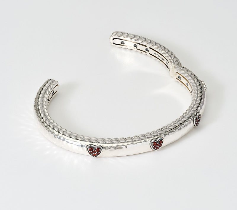 JAI Sterling Silver Pave Gemstone Heart Hammered Cuff, 26.5g — View 3
