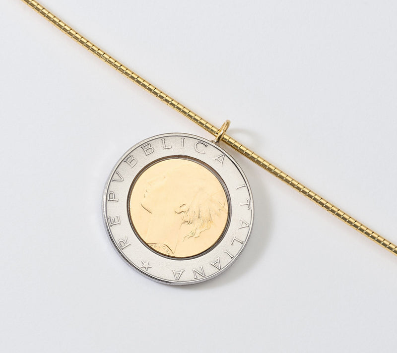 David Markstein Bronze Genuine 500 Lire Coin Omega Necklace — View 2