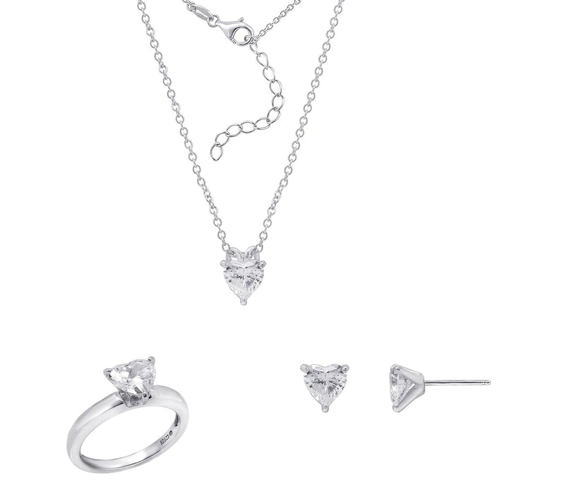 Diamonique Heart Cut Necklace, Earrings and Ring Set, Sterling — Main view