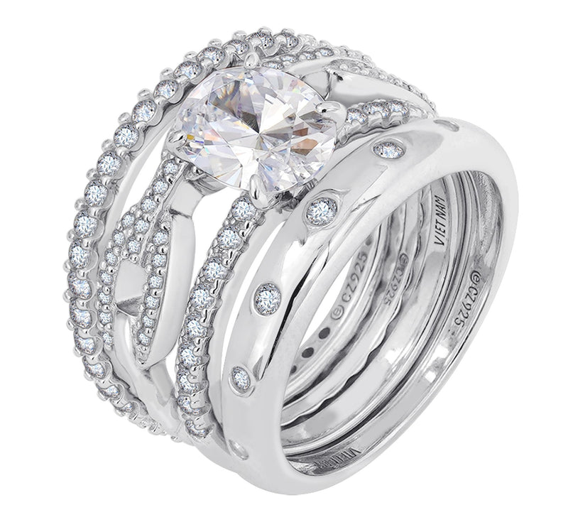 Diamonique Set of 4 Band Rings, Sterling Silver — Main view
