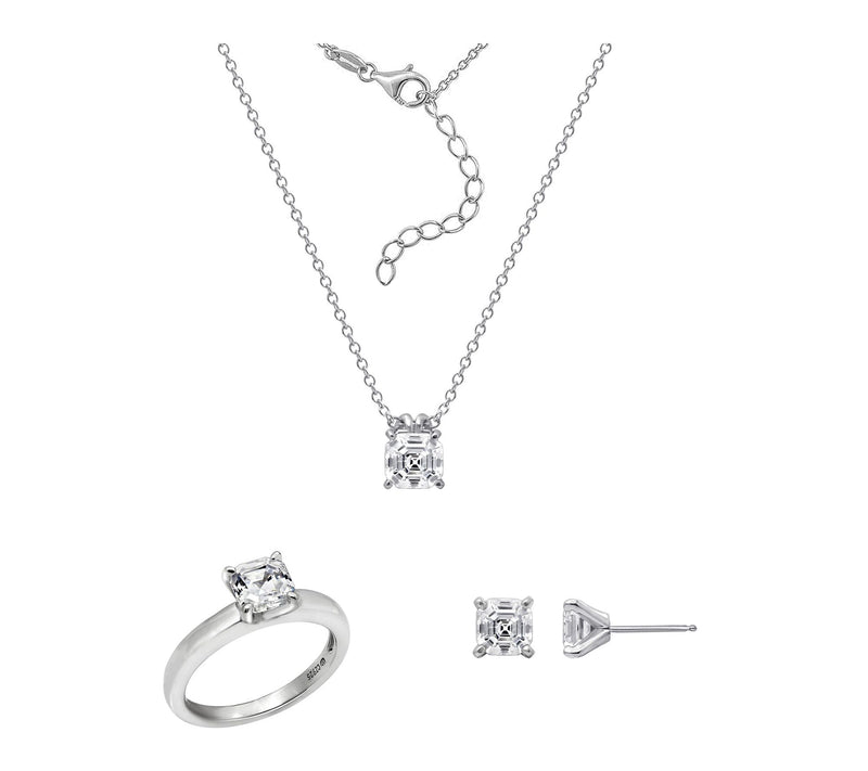 Diamonique Asscher Cut Necklace, Earrings & Ring Set, Sterling — Main view