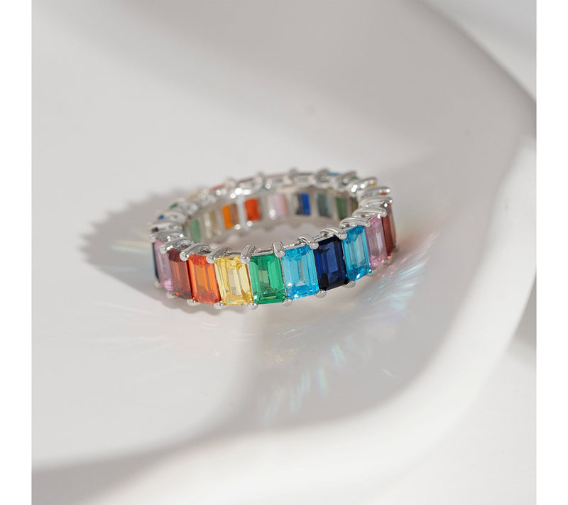 Diamonique Rainbow Emerald Cut Eternity Ring, Sterling Silver — View 2