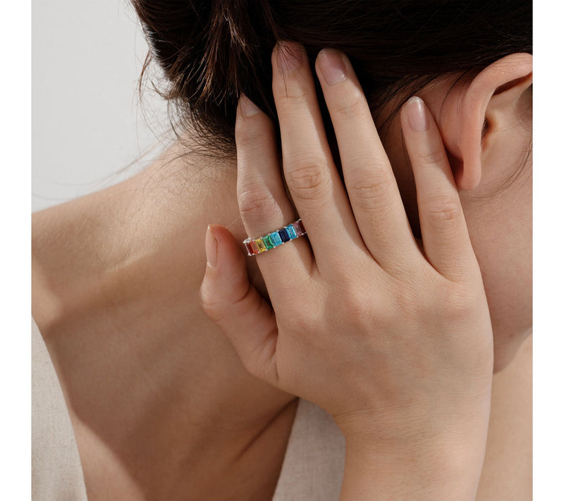 Diamonique Rainbow Emerald Cut Eternity Ring, Sterling Silver — View 3