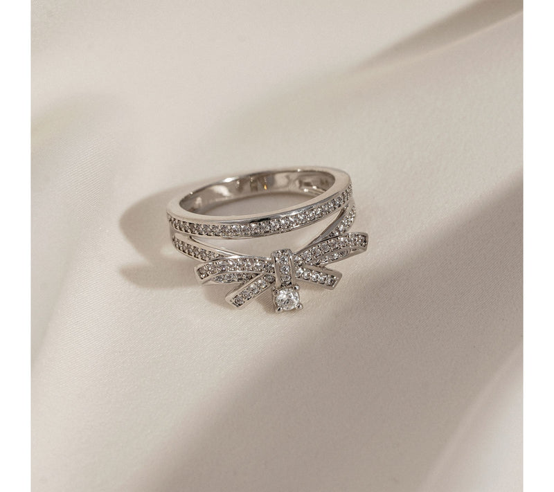 Diamonique Round Cut Bow Ring, Sterling silver — View 2