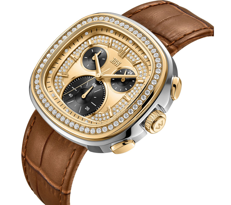 JBW Men's Coast Two-Tone 18K Plated Crystal Brown Strap Watch — View 3