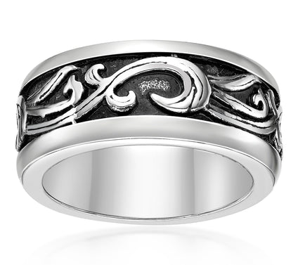 LYNX Men's Stainless Steel Baroque Inspired Scroll Band Ring