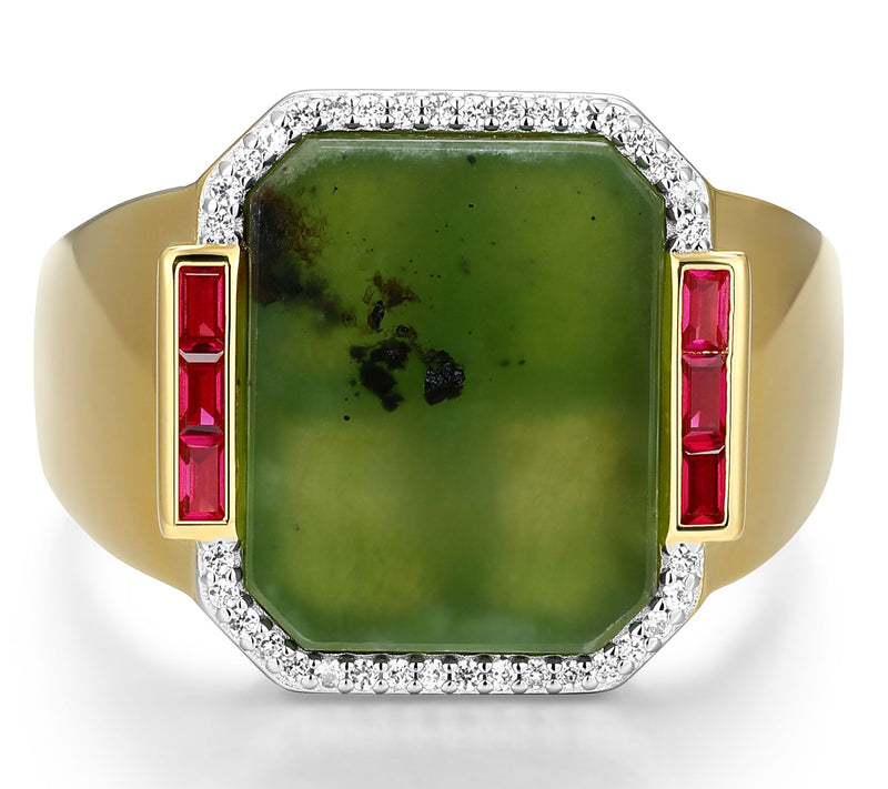 Men's Jade, Ruby & White Sapphire Ring, 18K Gold Plated — View 2