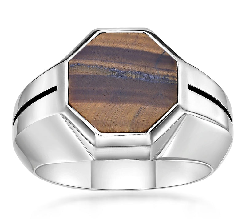 LYNX Men's Sterling Silver Tiger Eye Hexagon Ring — View 2