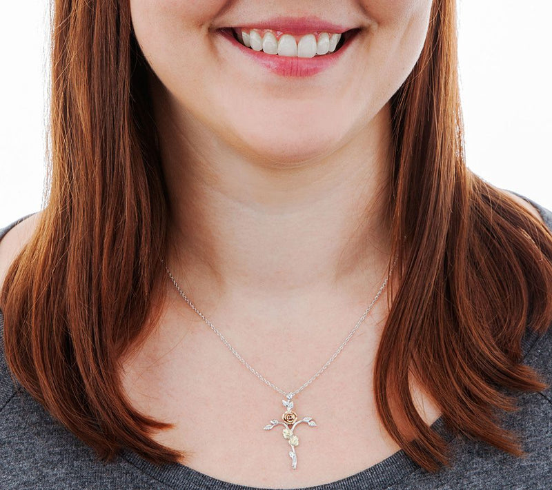 Black Hills Gold Rose Cross Pendant, Sterling S  ilver/12K Gol — View 3