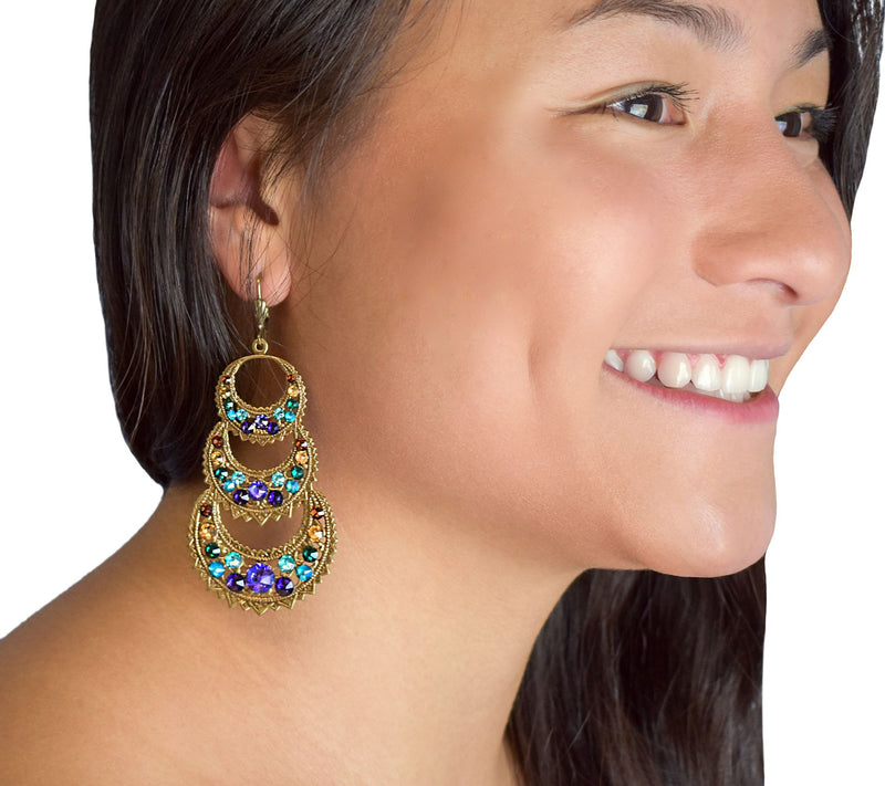 Anne Koplik Crystal Triple Tier Fil igree Earrings — View 2