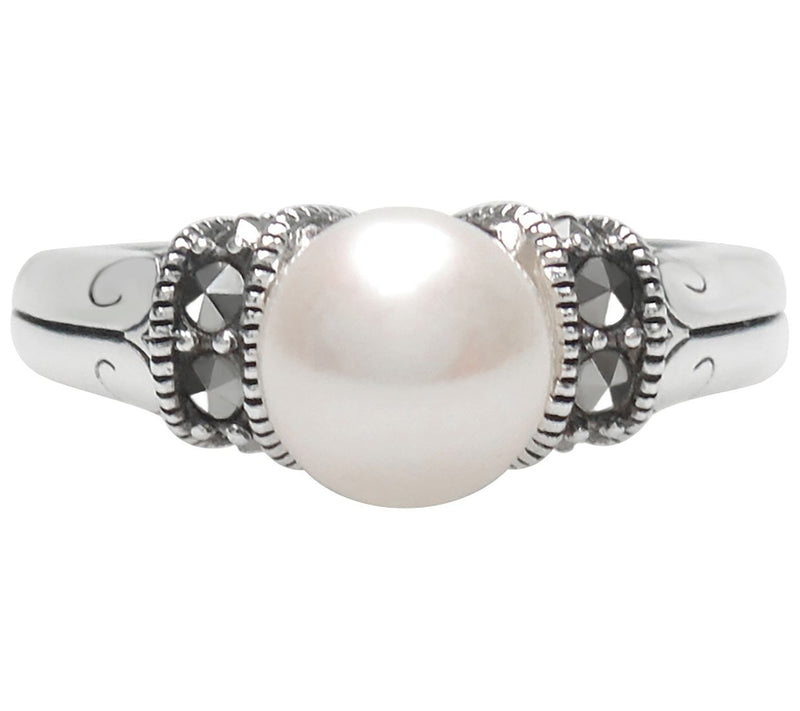 Suspicion Sterling Silver Cultured Pearl & Marcasite Ring — View 3