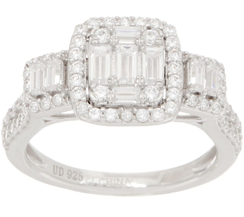 Diamonique Sterling Round & Baguette Halo Clustr Ring — Main view