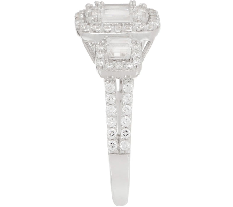 Diamonique Sterling Round & Baguette Halo Clustr Ring — View 2