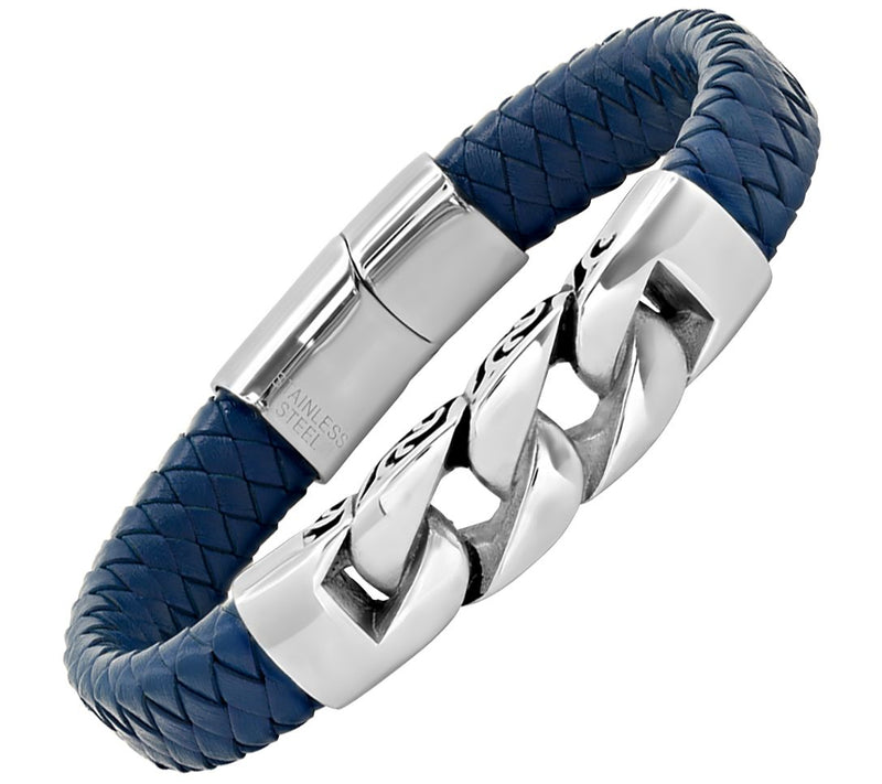 Steel by Design Men's Leather and Stainless Steel Bracelet — View 2