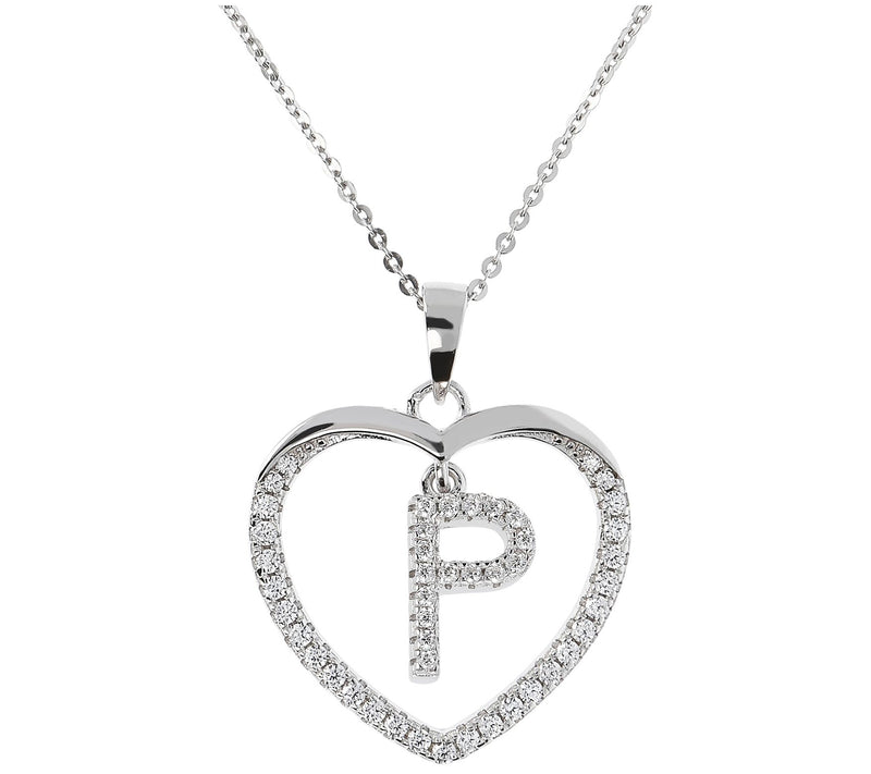 Diamonique Sterling Silver Initial Heart Pendant w/ Chain — View 33