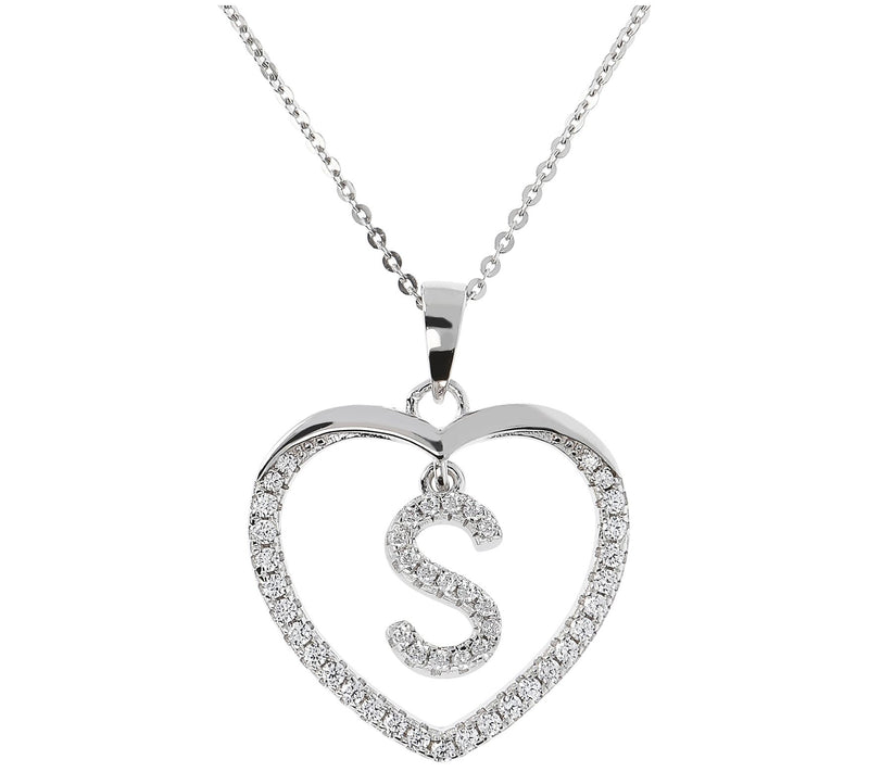 Diamonique Sterling Silver Initial Heart Pendant w/ Chain — View 39