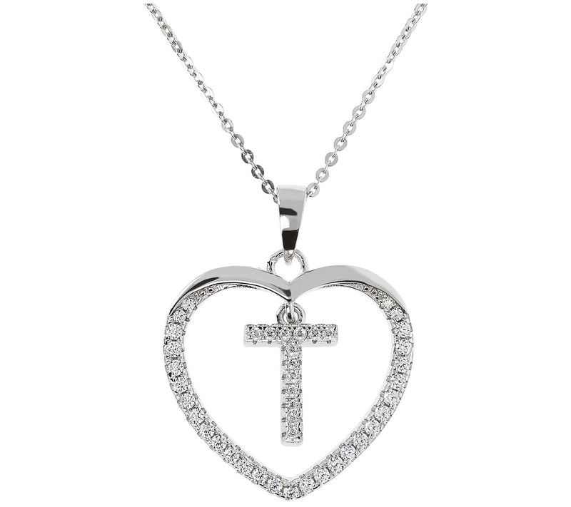 Diamonique Sterling Silver Initial Heart Pendant w/ Chain — View 41