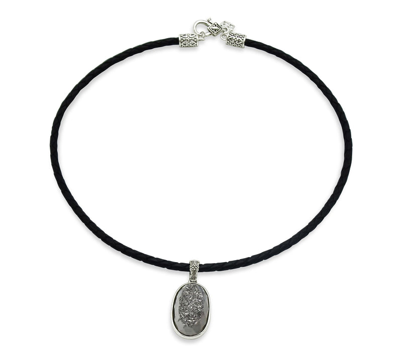 Elyse Ryan Sterling Drusy Pendant w/ Leather Cord Necklace — View 9