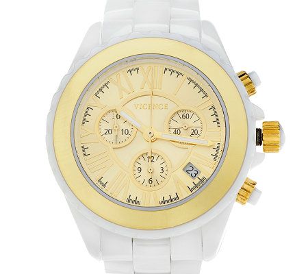 Italian Gold Bold White Ceramic Chronograph Watch 14K Gold — View 10