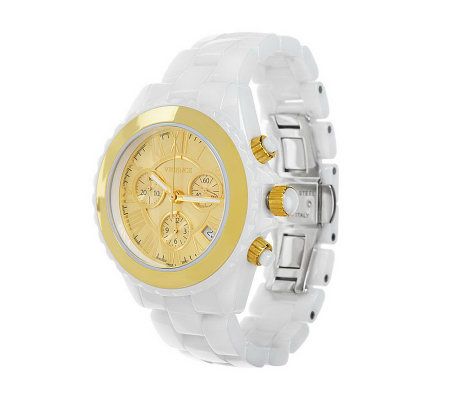 Italian Gold Bold White Ceramic Chronograph Watch 14K Gold — View 7