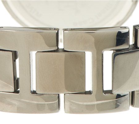 Italian Gold Round Case Ceramic Link Watch, 14KGold — View 10