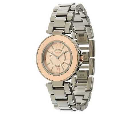 Italian Gold Round Case Ceramic Link Watch, 14KGold — View 3