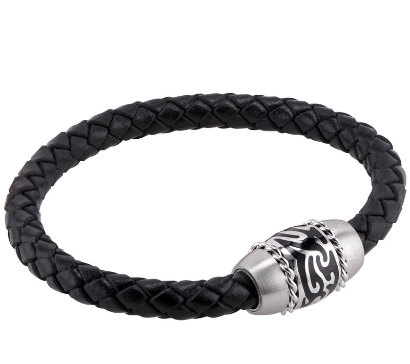 James Michael Men's Stainless Tribal Black Leather Bracelet — Main view
