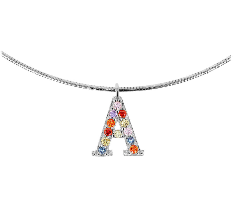 Diamonique Rainbow Initial Pendant w/ Omega Chin, Sterling — View 3