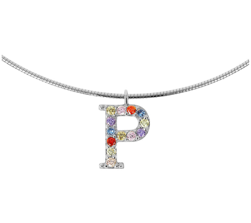 Diamonique Rainbow Initial Pendant w/ Omega Chin, Sterling — View 33