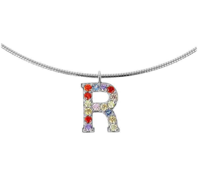 Diamonique Rainbow Initial Pendant w/ Omega Chin, Sterling — View 37