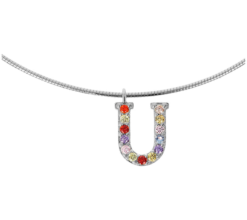 Diamonique Rainbow Initial Pendant w/ Omega Chin, Sterling — View 43
