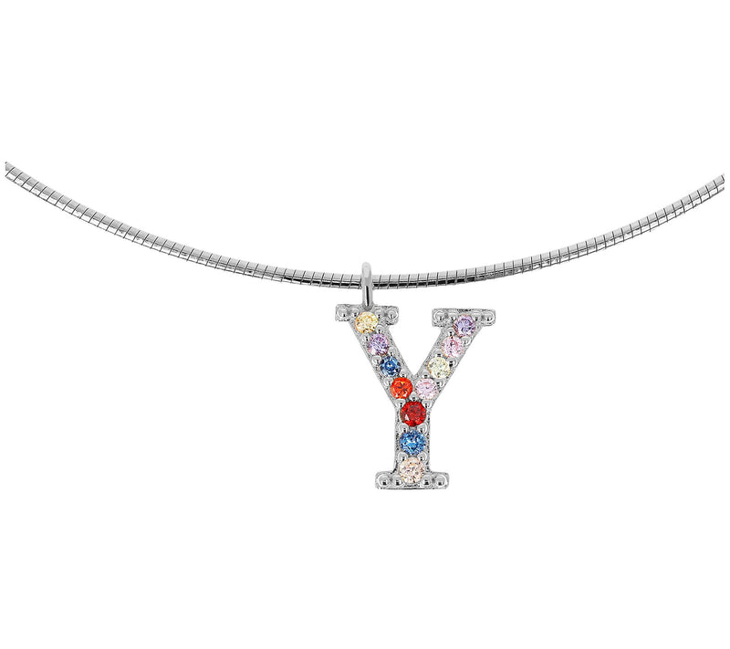 Diamonique Rainbow Initial Pendant w/ Omega Chin, Sterling — View 51