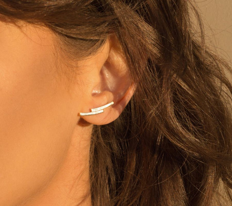 Alkeme 14K Gold Curved Double Bar Climber Earrigs — View 2