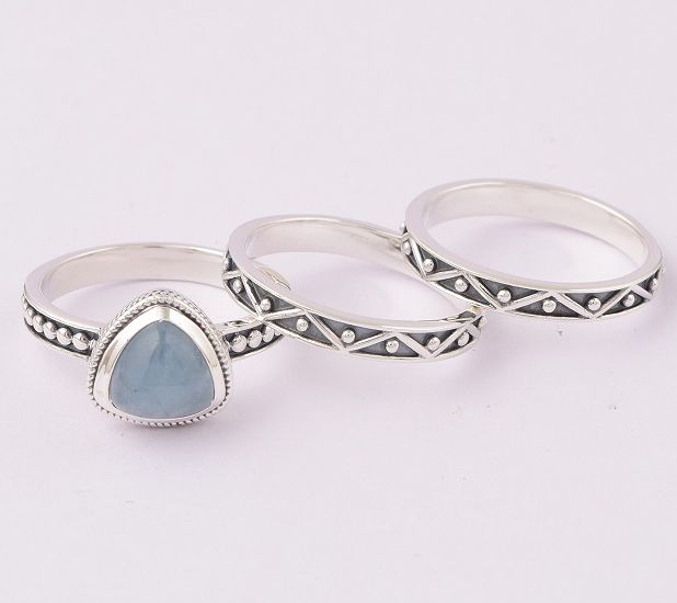 Artisan Crafted Sterling Milky Aquamarine Stackable Ring Set — Main view
