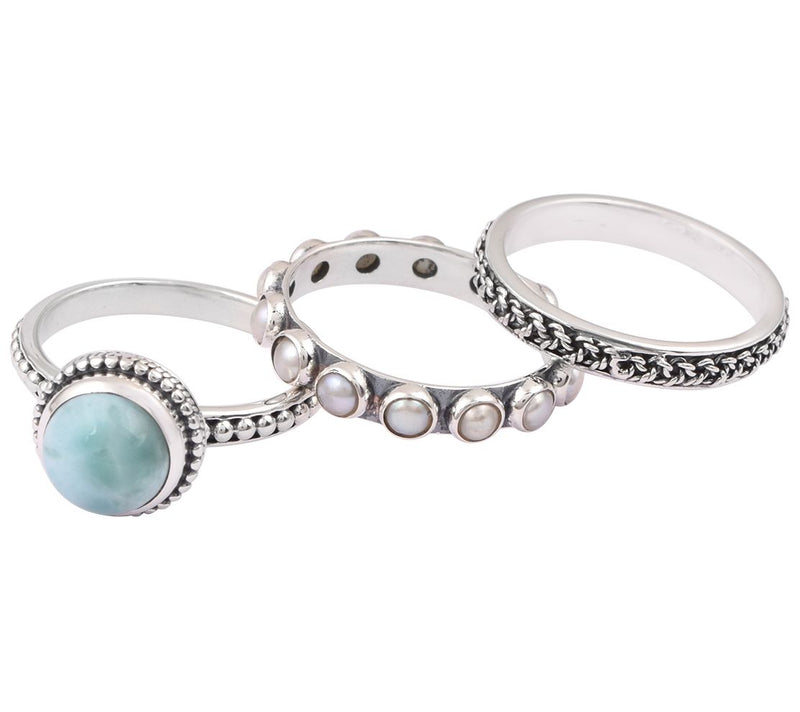 Artisan Crafted Sterling Larimar & Pearl Stacking Ring Set — Main view